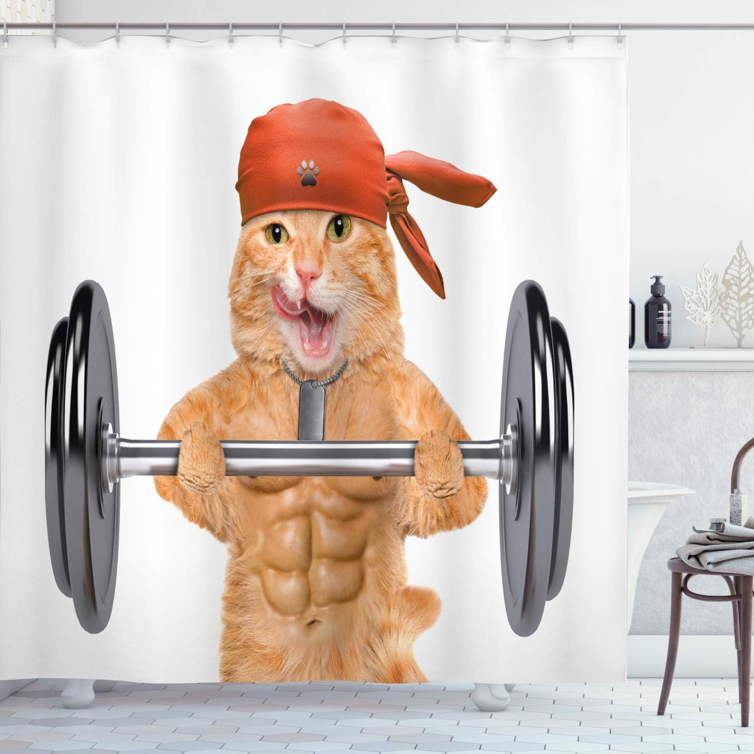 Ambesonne Funny Shower Curtain, Fitness Cat Lifting a Big