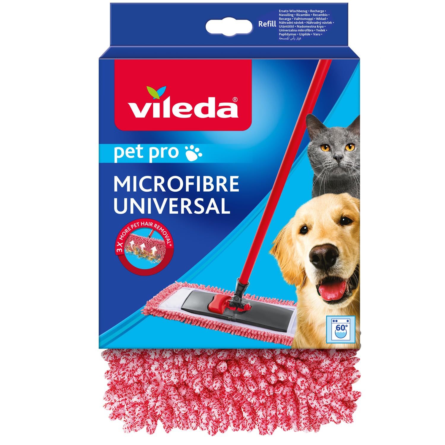 Vileda Pet Pro Mop Cover Replacement Cover for All Mop Floor Mops, Eliminates 3 Times More Pet Hair, 100% Microfibre, Easy Replacement, For All Hard Floors, Machine Washable