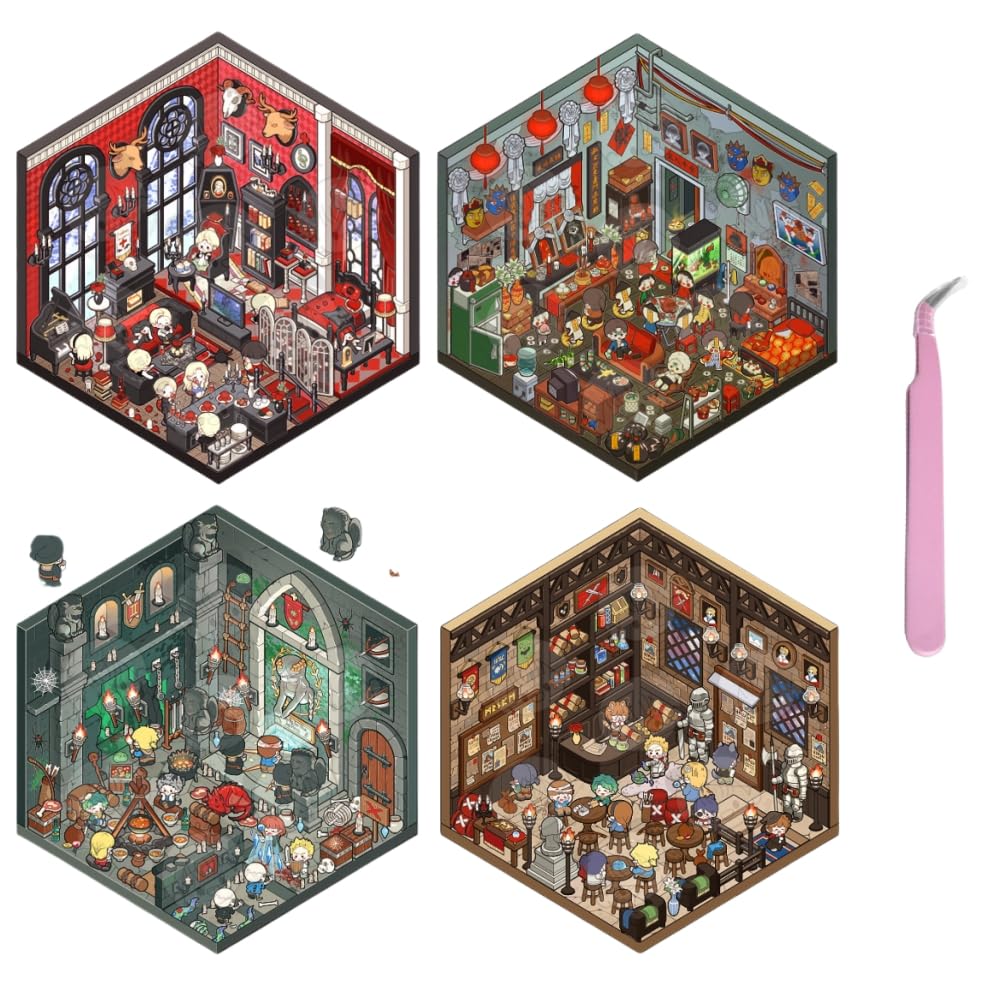 4 Sets 3D Scene Stickers,DIY Mini House Stickers Set for Adults with Tweezers Make Your Own Adventures Room Sticker Scene Therapy for Adults Relief Stress Pass The Time Gift Micro-Terror Cabin