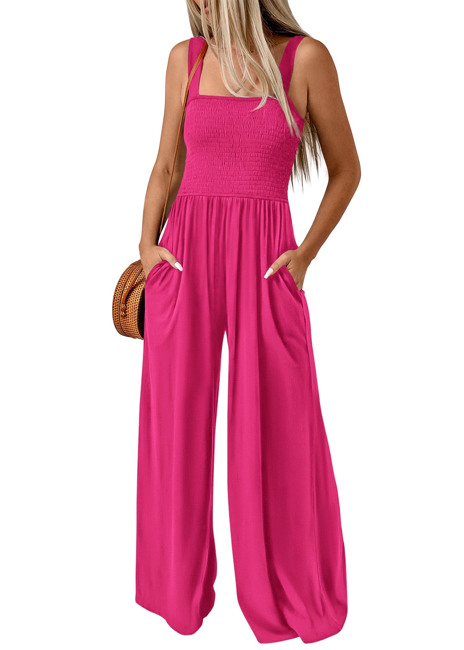 KIRUNDO Womens Overalls Dressy Casual Smocked Wide Leg Sleeveless One Piece Jumpsuits for Women Wide Strap Long Pant Cute Rompers with Pockets(Rose Red, Large)