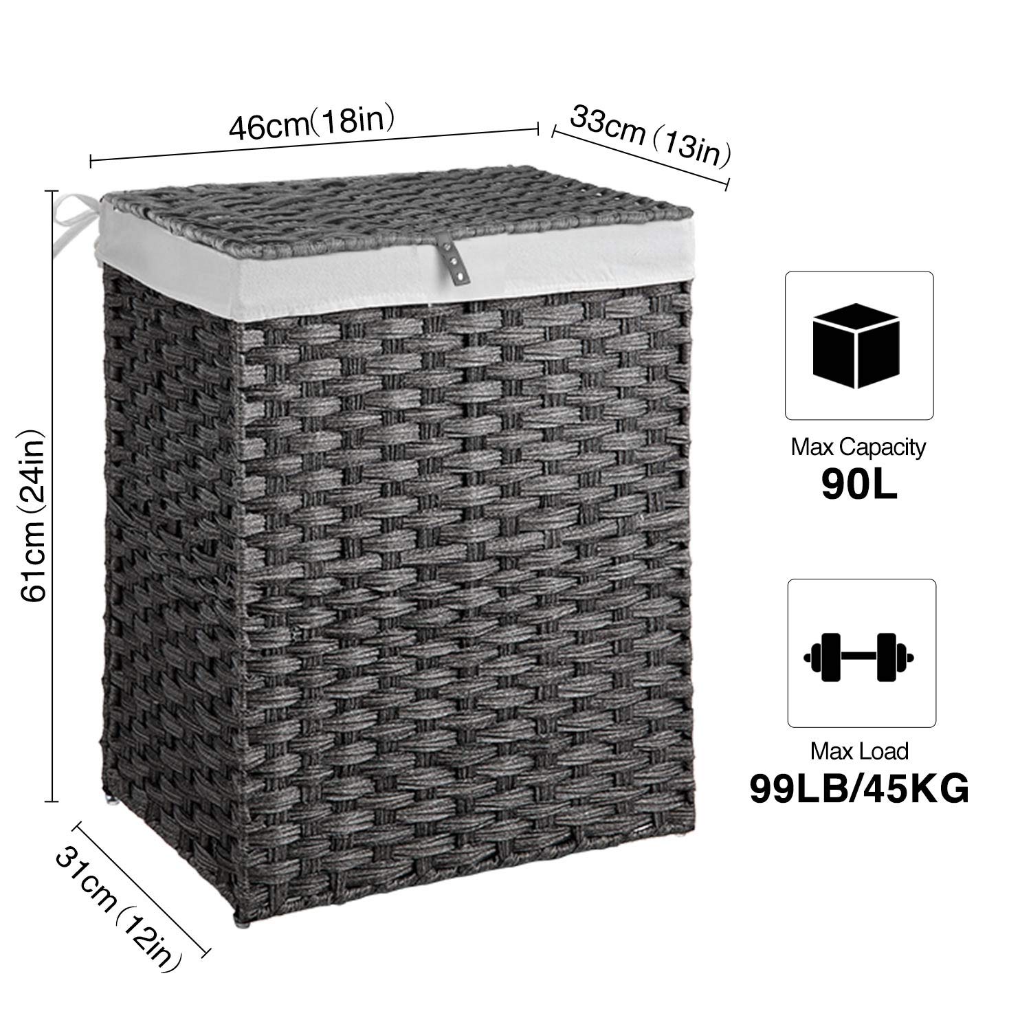 Greenstell Laundry Hamper with 2 Removable Liner Bags, Divided Clothes Hamper, 90L Handwoven Synthetic Rattan Laundry Basket with Lid and Handles, Foldable and Easy to Install Gray (18x12x24 Inches)
