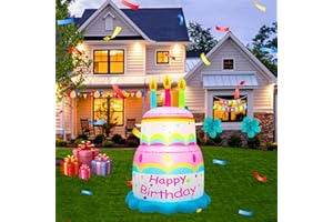 InfleasJoiy 4FT Inflatable Birthday Cake Birthday Decoration with Built-in LED Lights for Indoor and Outdoor Yard Lawn Decoration