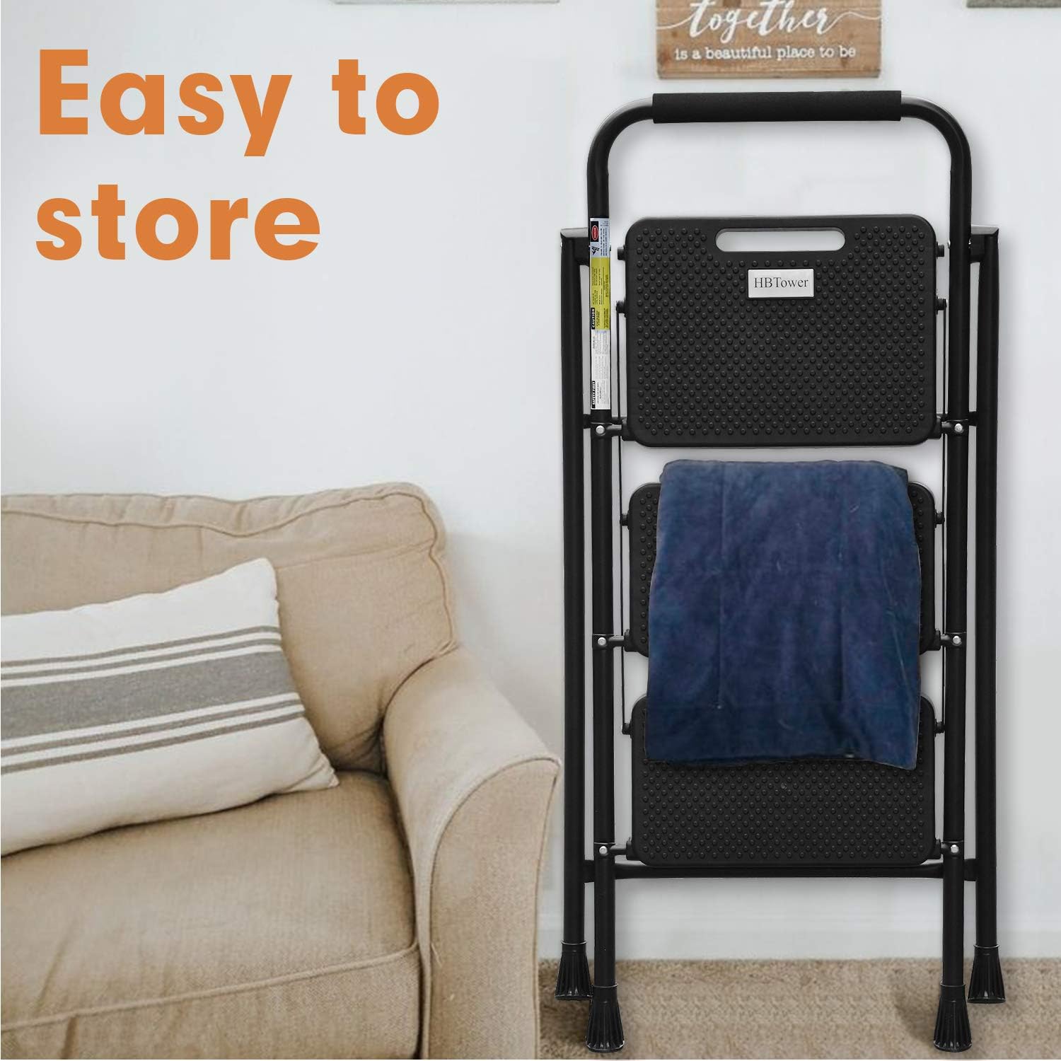 HBTower 3 Step Ladder, Folding Step Stool with Wide Anti-Slip Pedal, 500lbs Sturdy Steel Ladder, Convenient Handgrip, Lightweight, Portable Steel Step Stool, Black - - 