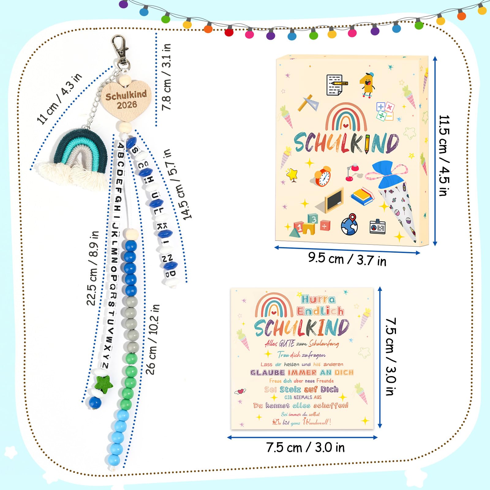 KUPITM6 Rechenkette Geschenk Einschulung Jungen, Glücksbringer Schulanfang Junge, Schlüsselanhänger Glücksbringer Schultüte Füllung, Schulanfang Geschenke mit Grußkarte Geschenkbox 2