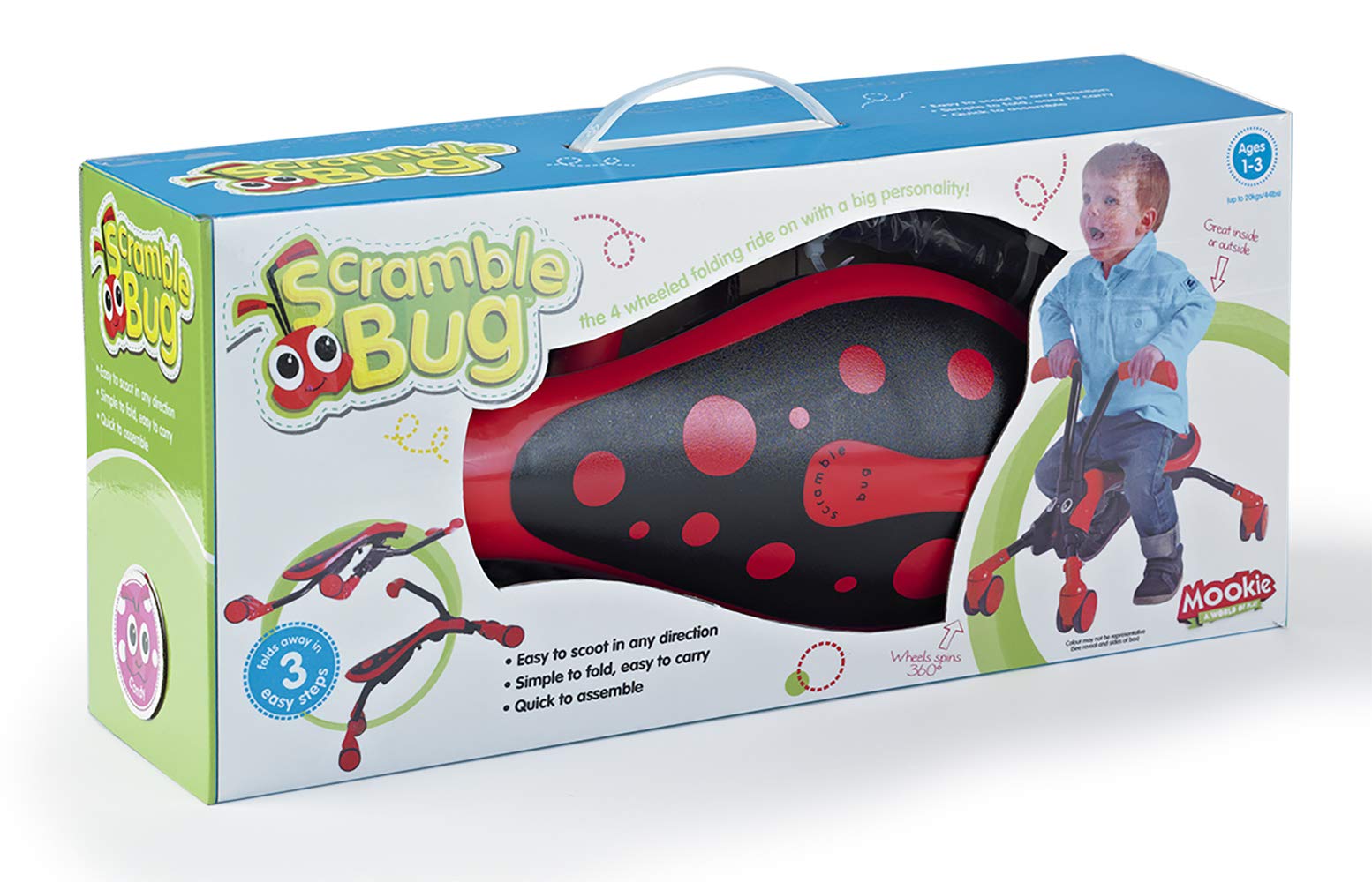 Scramblebug Beetle Balance Bike | 4 Wheel Developmental Toy for Toddler Balance and Confidence | Indoor & Outdoor | Fold and Go for Storage & Travel | Birthday, Easter Gift for 1-2 Year Old Toddlers