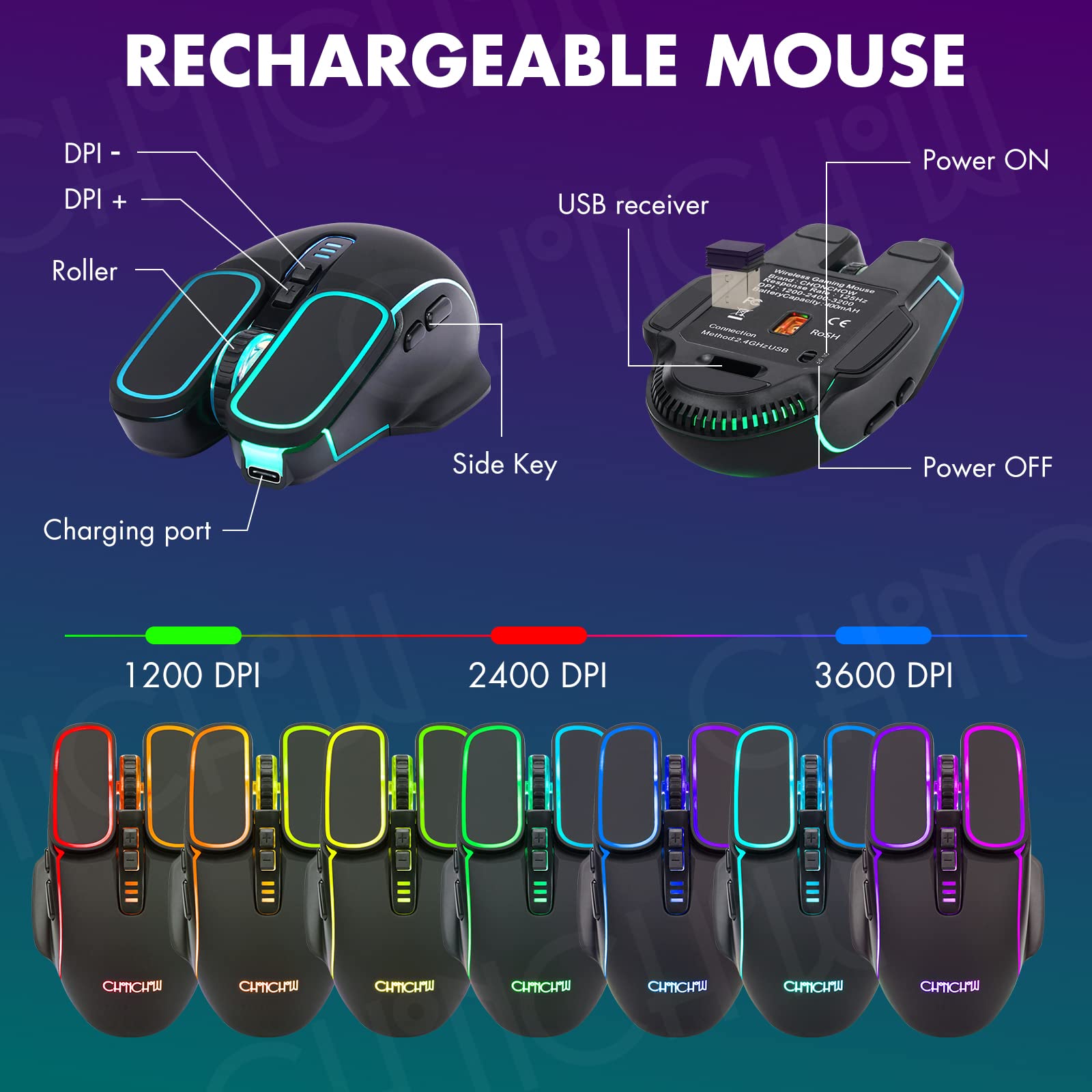 CHONCHOW Wireless Gaming Keyboard and Mouse Combo, Rechargeable Rainbow LED Light Up Wireless Keyboard and Ergonomic Wireless Gaming Mouse, Wireless Gaming Mouse Keyboard for Xbox PS4 PS5 PC Laptop