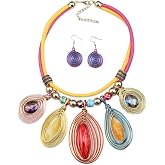 Florate Colorful Bead Crystal Pendant Necklace Earrings Set for Women Big Chunky African Statement Vintage Ethnic Flower Bohemian Female Rhinestone Tribal Jewelry Set