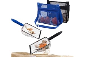 MUYIZI Beach Mesh Shovel with Mesh Shell Bags, Kids Filter Sand Scooper for Picking Up Shells,Shark Tooth Sifter Dipper for Boys and Girls,Beach Toys Accessories (Sapphire Blue+Black)