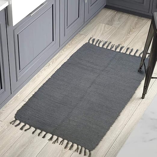 YoKii Indoor Grey Throw Rug 2x3, Handmade Reversible Chindi