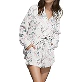 Xfileen Womens Long Sleeve Printed Pajama Sets Button Down 2 Piece Shorts Sets Soft Loungewear