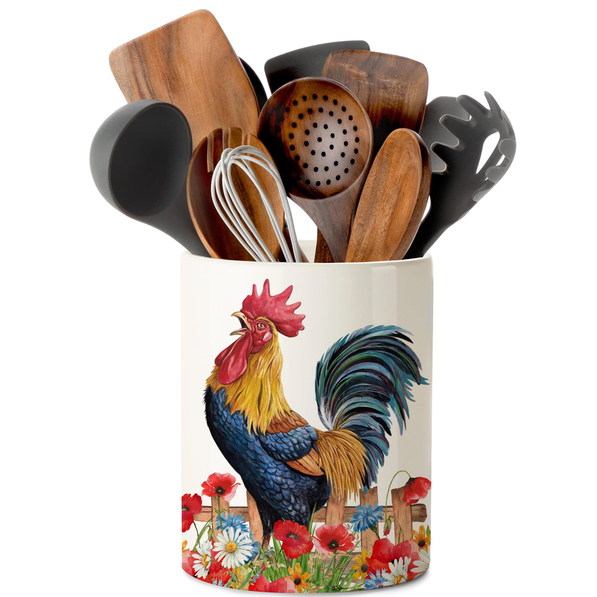 Photo 1 of pinata Rooster Kitchen Decor Ceramic Utensil Holder, Cute Rooster Utensils Holder for Farmhouse Indoor Kitchen Decorations Rustic Farmhouse Decor (6.3 inch)