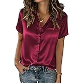 Zeagoo Satin Blouses for Women Silk Button Down Shirts Short Sleeve Business Casual Tops