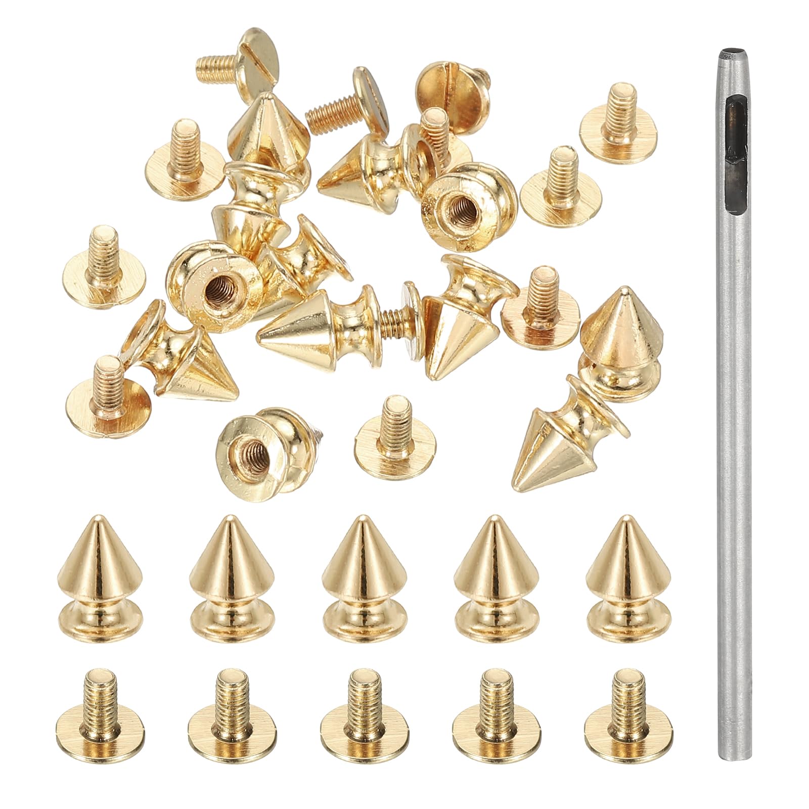 PATIKIL 12mm Studs for Clothing, 24 Sets Spikes for Clothes Studs and Spikes Leather Rivets Metal Cone Punk Spikes Screw Posts with Hole Puncher for Leather Jacket Fabric, Bronze Gold