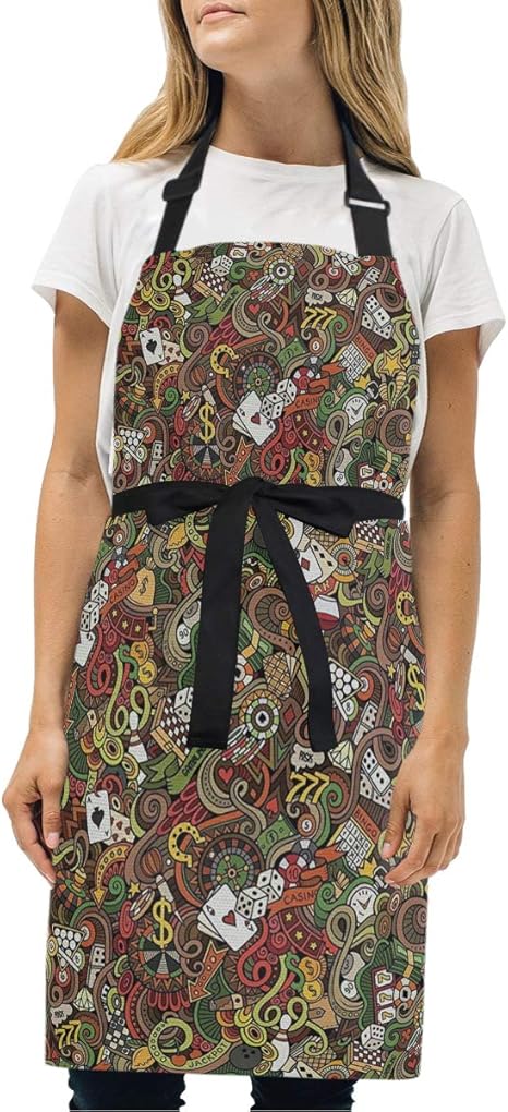Amazon Eilanna エプロン ビンゴの落書きスタイルのアートワークとカードエキサイトメントチェッカーズキングタンバリンベガス ファッションパターン 調節可能首掛け 業務用 家庭用 作業用 男女兼用 シンプルデザイン エプロン オンライン通販