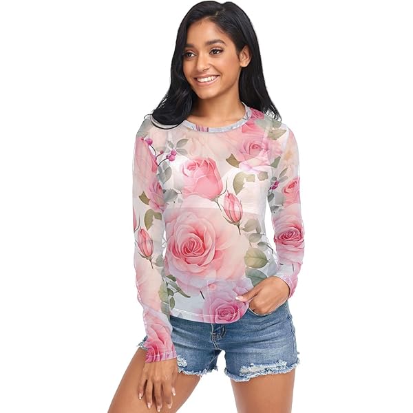 Sexy Pink Rose Flower Long Sleeve Sheer Tops for Women S 202a3626