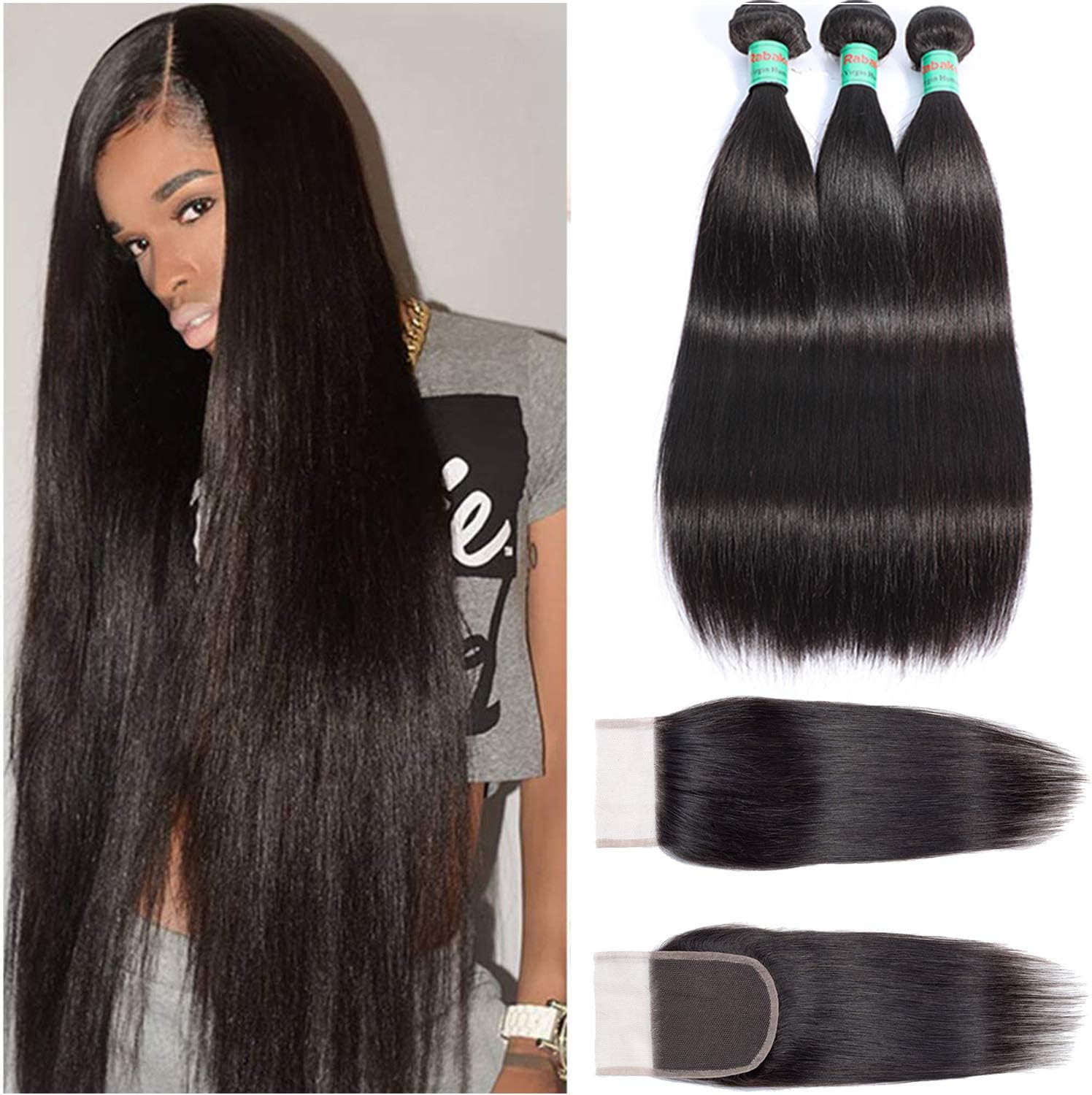 Human Hair Bundles With Free Part Closure Unprocessed 10A Virgin Straight Human Hair 3 Bundles With Closure Big Deals Human Hair Bundles With Closure Natural Color(16 18 20+14 Closure)