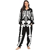Padama Adult Halloween Skeleton Costume Unisex Skeleton Plush Pajamas Onesie Cozy One Piece Cosplay Costumes for Women