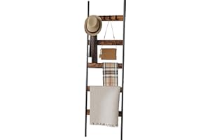VANTIMO Blanket Ladder, 5-Tier Towel Holder with 4 Removable Hooks, Farmhouse Wall Leaning Decorative Rack Shelf, Wooden Towel Display Rack, Quilt Ladder for Living Room, Bedroom, Rustic Brown