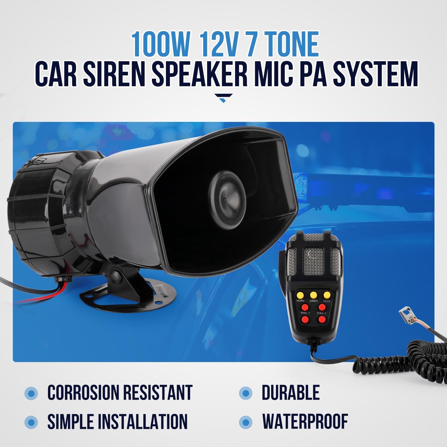 Car Siren Horn 7 Tone with Microphone,Alarm Horn Siren 12V 100W Emergency Amplifier with Mic PA Speaker System Loud Car Alarm Police Ambulance Fire Hooter Traffic Sound