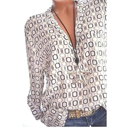 Longra Damen Bluse Damen Hemd Damenblusen Hemdbluse Geometrie Druck Tunika Bluse im Frauen V-Ausschnitt Blusenshirt Frühling 