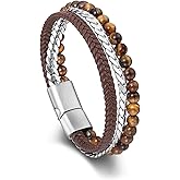 BOPREINA Mens Bead Leather Bracelet 6mm Obsidian Tiger Eye Stone Black Braided Leather Wristband Stainless Steel Cuban Chain Beaded Layered Leather Cord Wristband Bangle Jewelry for Men