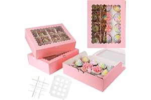 12 Cupcake Boxes with Window 10 Packs Pink Cupcake Box 13"x10"x3.5" Bakery Boxes For Cupcakes Carrier, Cupcake Containers（10 