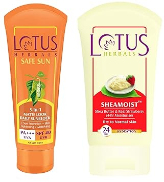 Lotus Herbals Safe Sun 3-In-1 Matte Look Daily Sunblock SPF-40, 50g & Herbal Sheamoist Shea Butter And Real Strawberry 24 Hour Moisturiser, 120g Combo