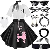 10Pcs Sock Hop Outfits Women, 1950s Poodle Skirts, Poodle T-Shirt with 50s Accessories Socks Scarf Headband Belt Earring