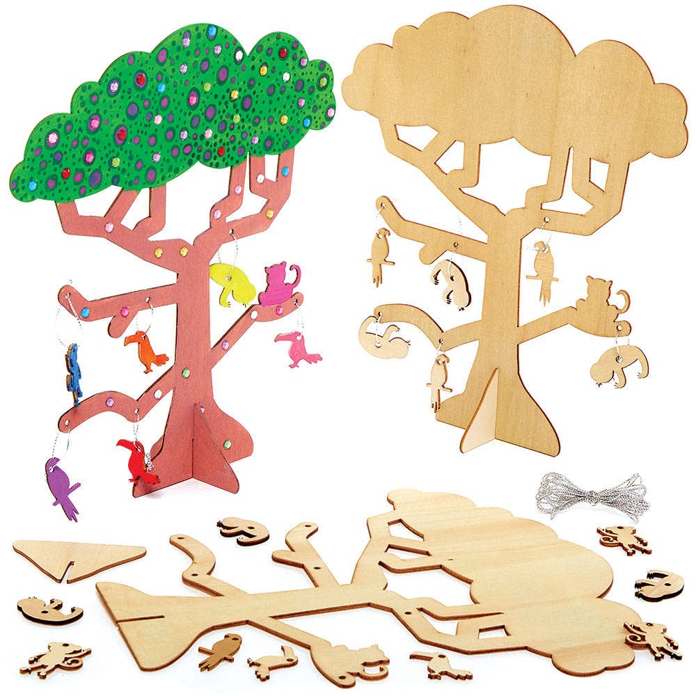 Baker Ross FC917 Jungle Animal Wooden Tree Kits - Pack of 2, Wood Craft Kits for Kids, Kids Painting Crafts, Nature Decoration, Gold