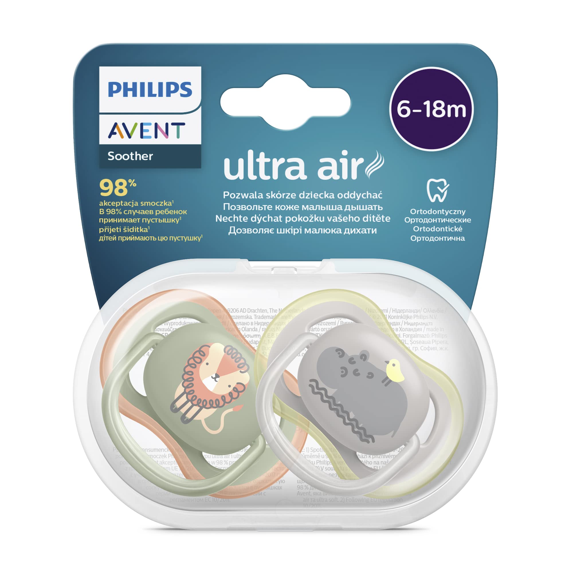 Philips Avent Ultra Air Soother 2 Pack - BPA-Free Soother for Babies Aged 6-18 Months (Model SCF085/17) Lion/Hippo