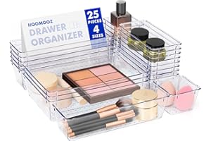 HOOMOOZ 25 PCS Plastic Clear Drawer Organizers Set, Makeup Organizer 4-Size Containers, Bathroom and Vanity Organizer Trays, 