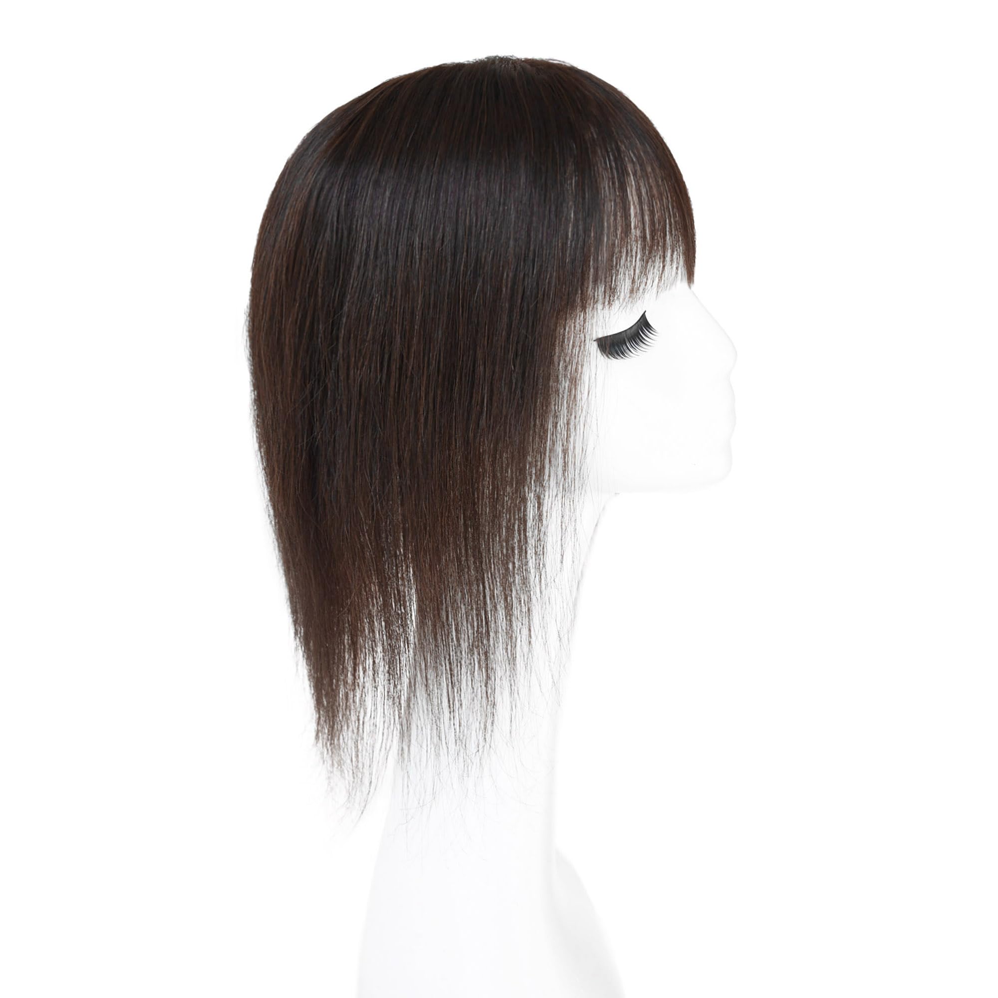 Photo 1 of Maweilar Middle Part Clip In Human Hair Hair Topper With Bangs, Clip in Human Hair Toppers Seamless Hairpiece for Women Thick Silk Base Topper for Thicking Hair (Dark Brown, 5.1"x 5.1", 12")
