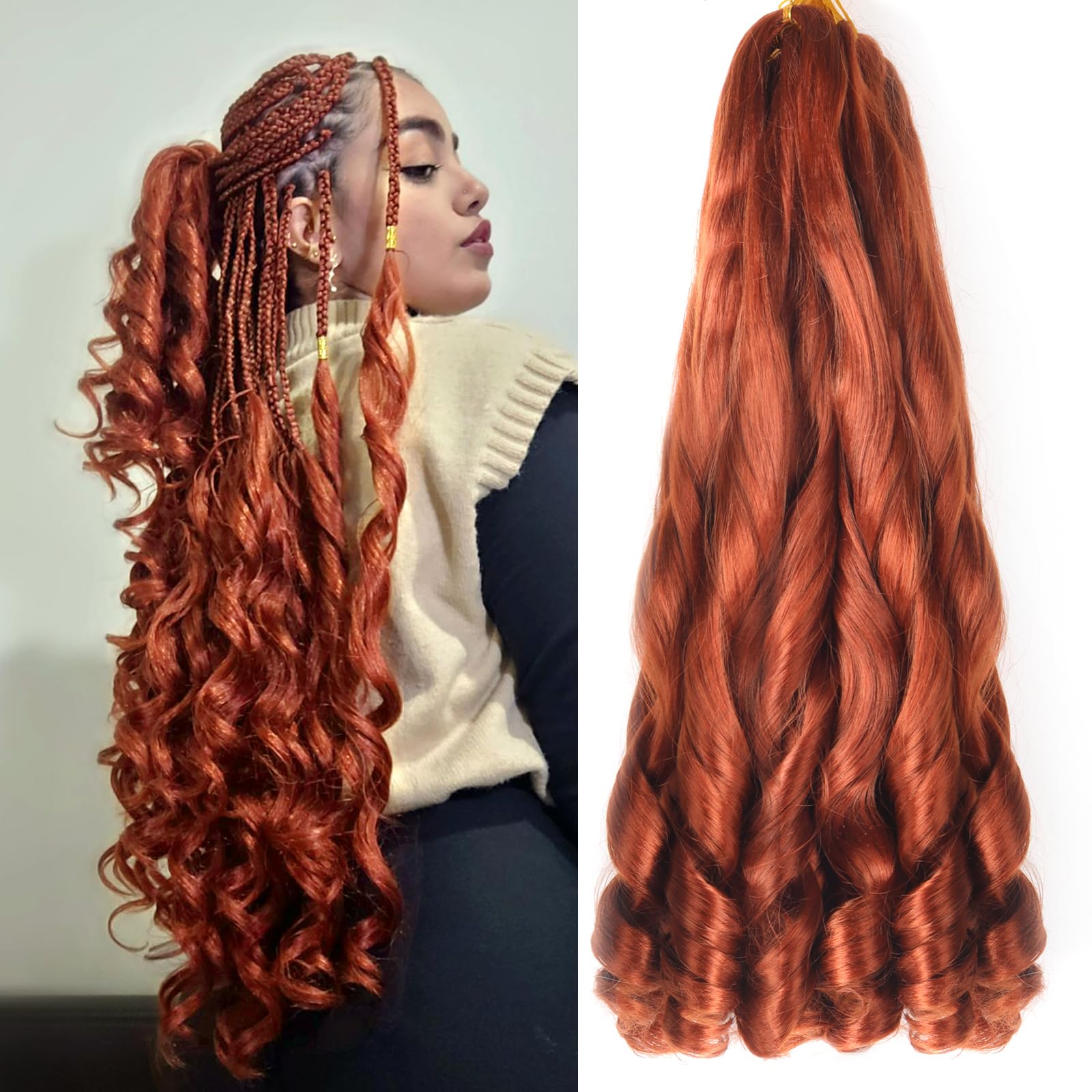 French Curly Braiding Hair 22 Inch 8Pack/lot Ginger Color Loose Wavy Spiral Curl Braids Crochet Hair Deep Wave Synthetic Extensions Pre Stretched Bouncy Braiding Hair wave (350#) — image 1
