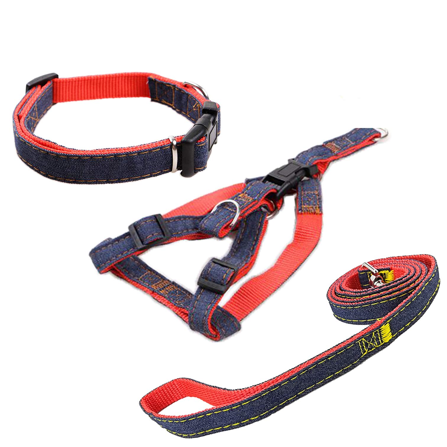 Newtensina Fashion Dogs Harness Collar and Leash Set Comfortable Denim Cloth Puppy Harness Collar with Leashes for Dogs - Red - S