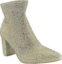 Women Rhinestone Block Chunky Heel Ankle Bootie