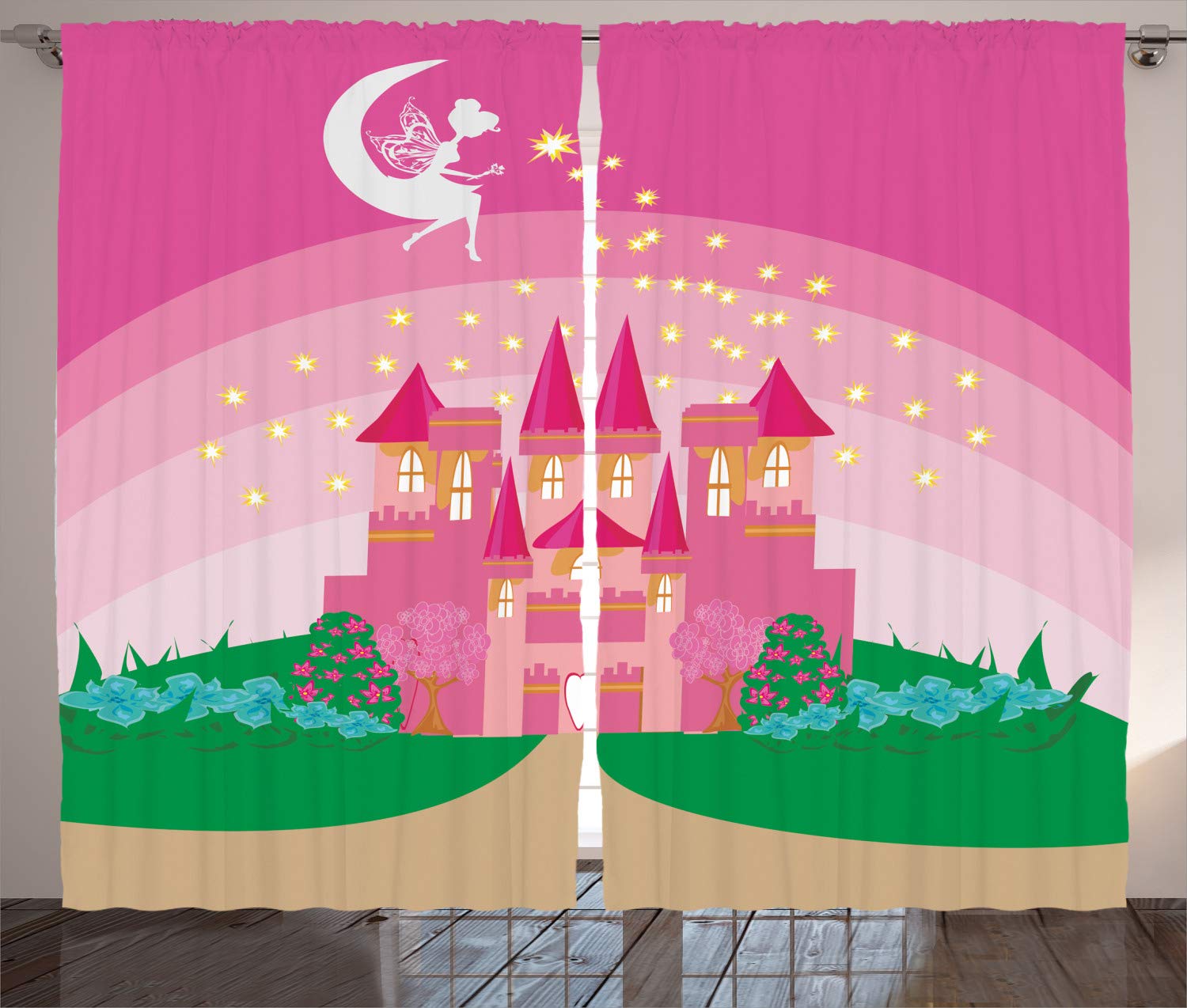 ABAKUHAUS Magic Curtains, Magic Fantasy Fairy Tale Princess Castle with Pixie in Sky Fictional Dream Kingdom, Living Room Bedroom Window Drapes 2 Panel Set, 96 L X 110 W, Green Pink