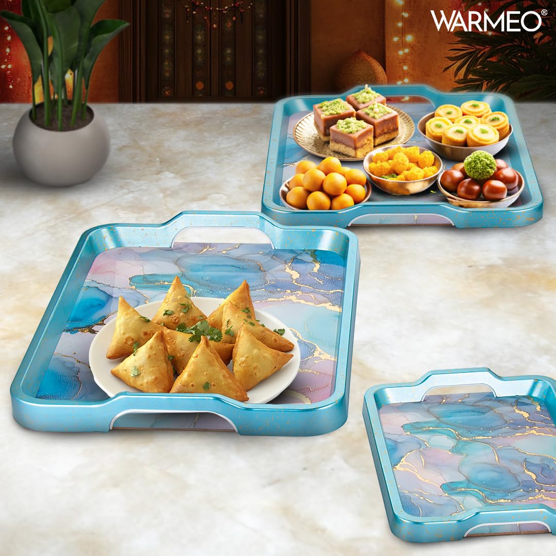 WARMEO Royal Wooden Serving Tray Set |Multipurpose Decorative Trays|Premium MDF Resin Tray l Rectangular | Set of 3| Serene Ocean 3