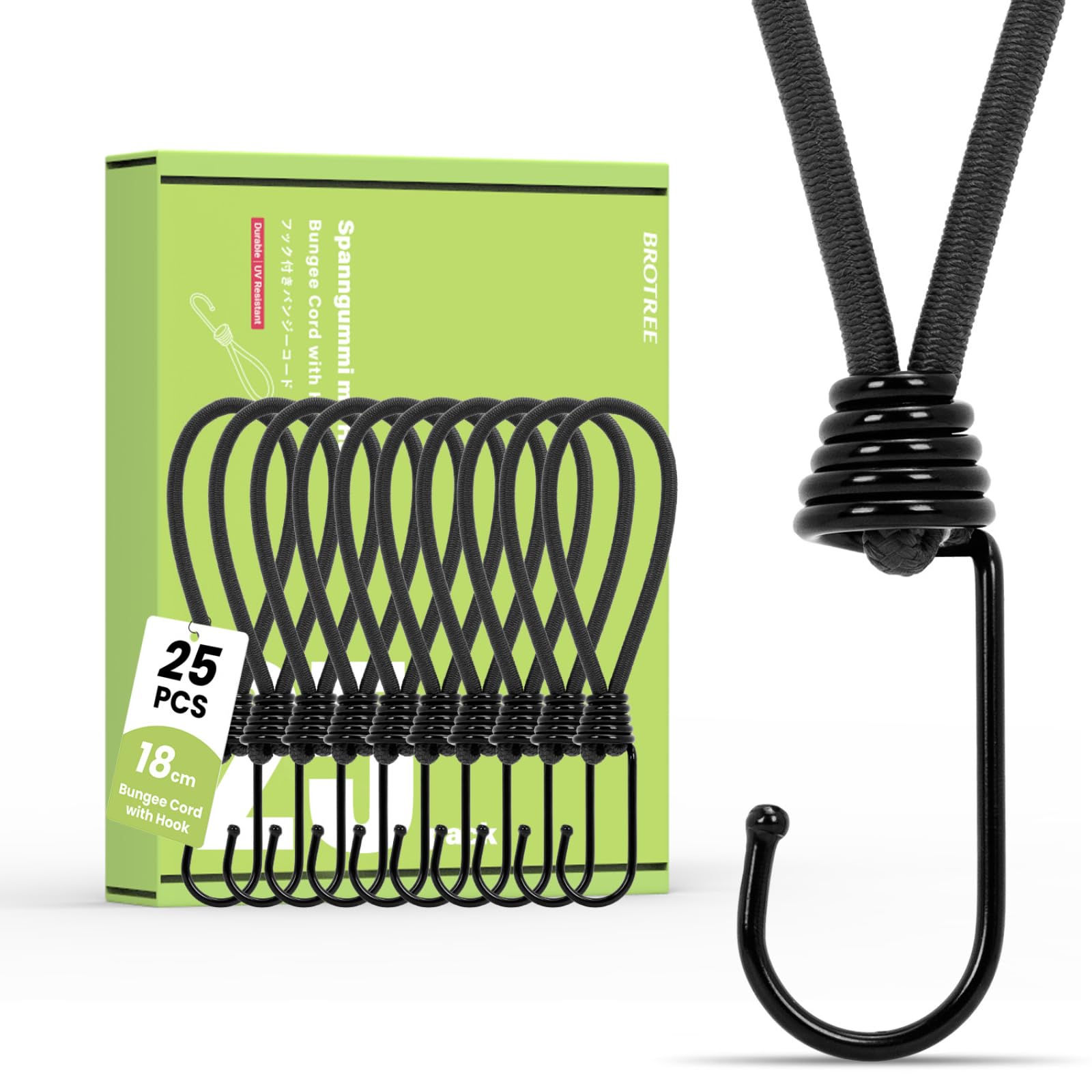 Brotree Bungee Cords with Hooks 25 Pack 18cm Bungee Hooks Small Bungee Rope with Hooks for Tarpaulins, Tents, Tarp and Fixing - Black