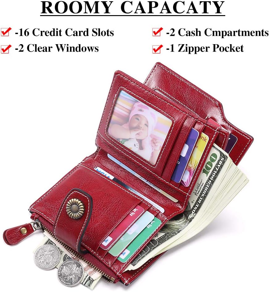 SENDEFN Small Women Wallet Genuine Leather RFID Blocking Bifold Small Purse with Zipper Pocket Wine Red, #Wine Red - Image 3