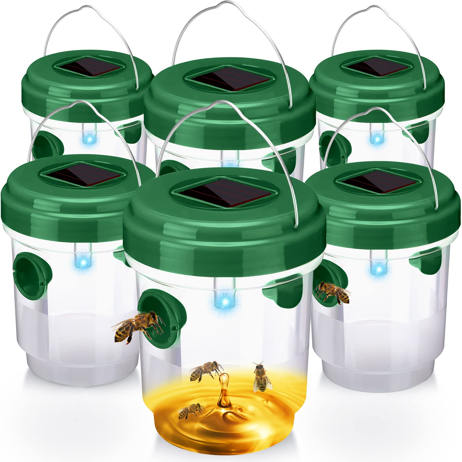 Photo 1 of 6 Packs 6 Pack Wasp Trap Solar Powered Bee Trap Reusable Fly Traps Outdoor Hanging Wasp Killer with UV LED Light Flying Insects Bee Killer for Indoor Outside Patio Garden Home (Green)