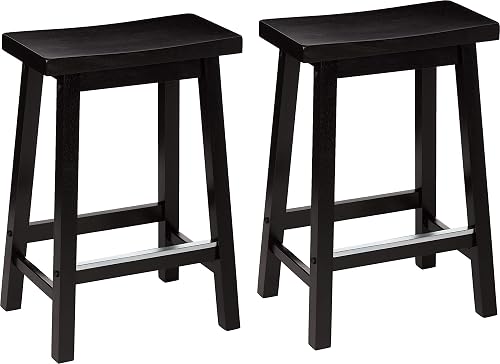 Amazon Basics Solid Wood Saddle-Seat Counter Height Bar Stools for Kitchen Island with Footrest, 24-Inch Height, Black, Set of 2