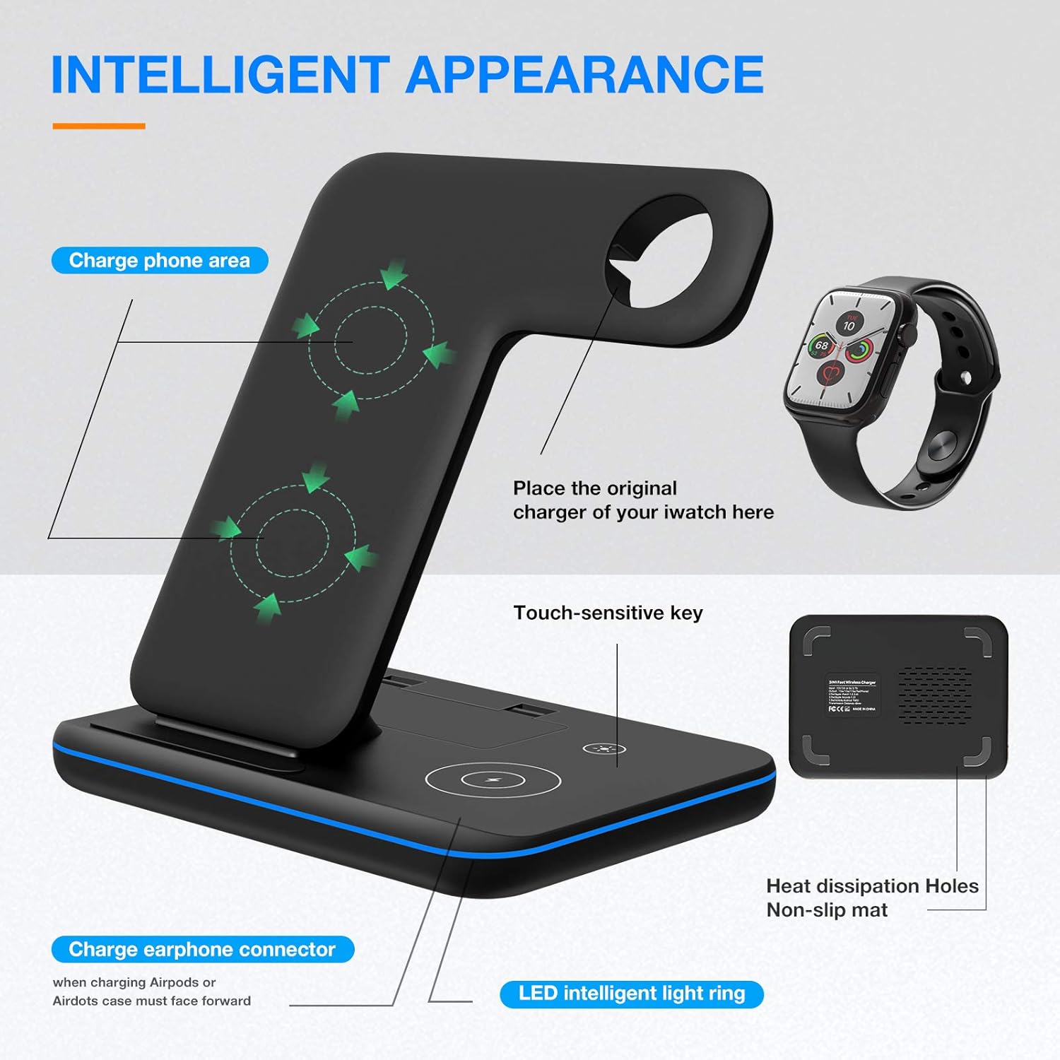 Wireless Charging Station, 3 in 1 Qi Charger for Apple Watch 1/2/3/4/5/SE/6 Airpods 2/pro Wireless Charger for iPhone 12/11/11 Pro/11 Pro Max/XS Max/XS XR Plus Samsung S10 S9 S8 S7: Electronics