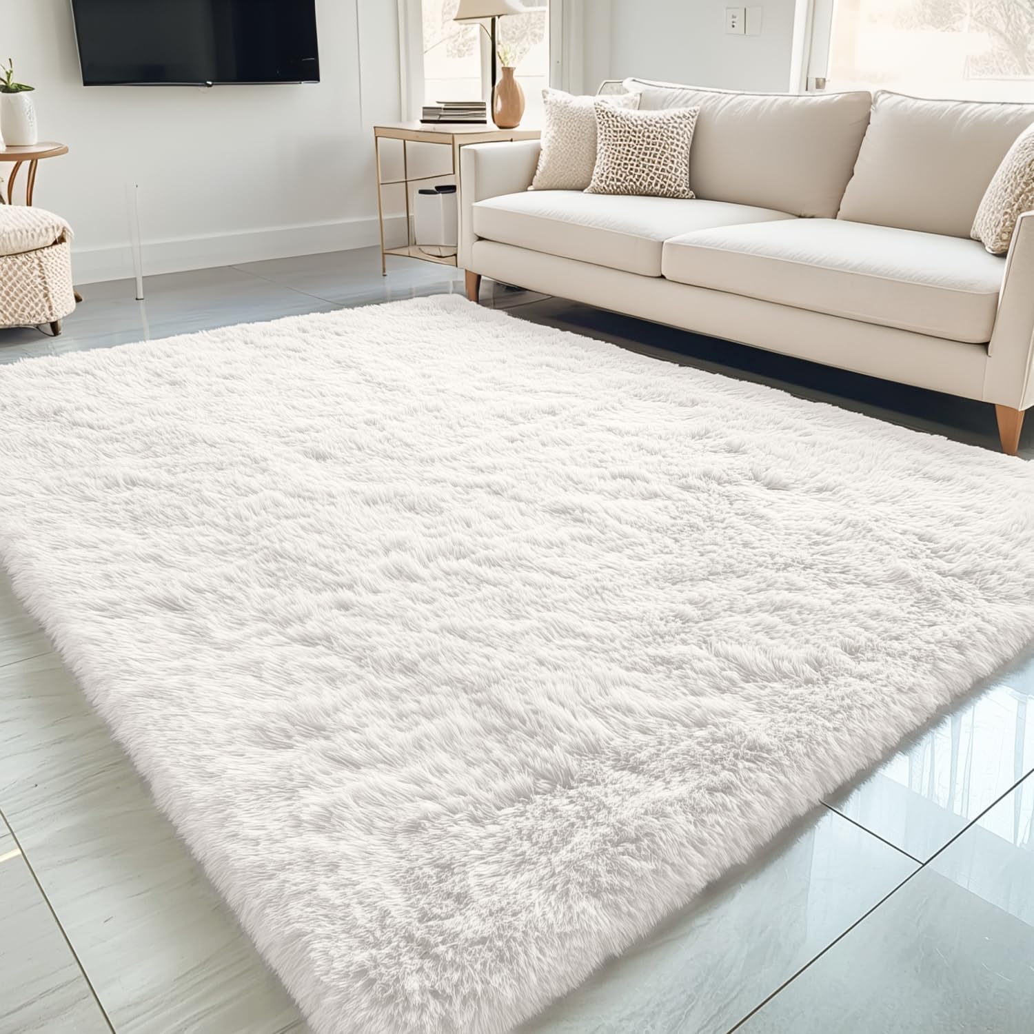 Photo 1 of OLANLY 5x8 Machine Washable Large Area Rugs for Living Room, Bedroom, Soft Fluffy Shaggy Bedside Rug, Indoor Floor Carpet for Kids Girls and Boys, Dorms, Nursery, Home Decor Aesthetic, Ivory
