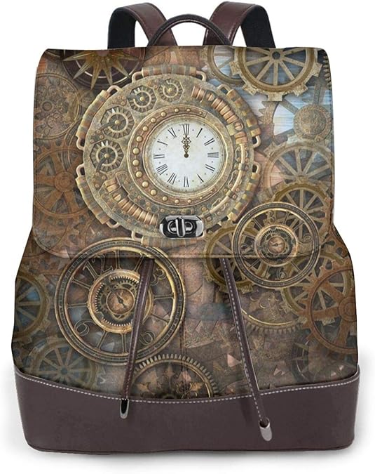 Women'S Leather Backpack,Rusty Steampunk Clock Printed Women'S Fashion