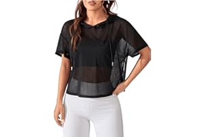 SweatyRocks Women's Short Sleeve Fishnet Hoodies Hollow Out Sports Workout Tops