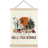 YTRG Happy Hallothanksmas Wall Art, Harvest Autumn Halloween Wall Decor, Halloween Christmas Farmhouse Hanging Canvas Prints Framed Decor for Home Living Room, 12x16 Inch