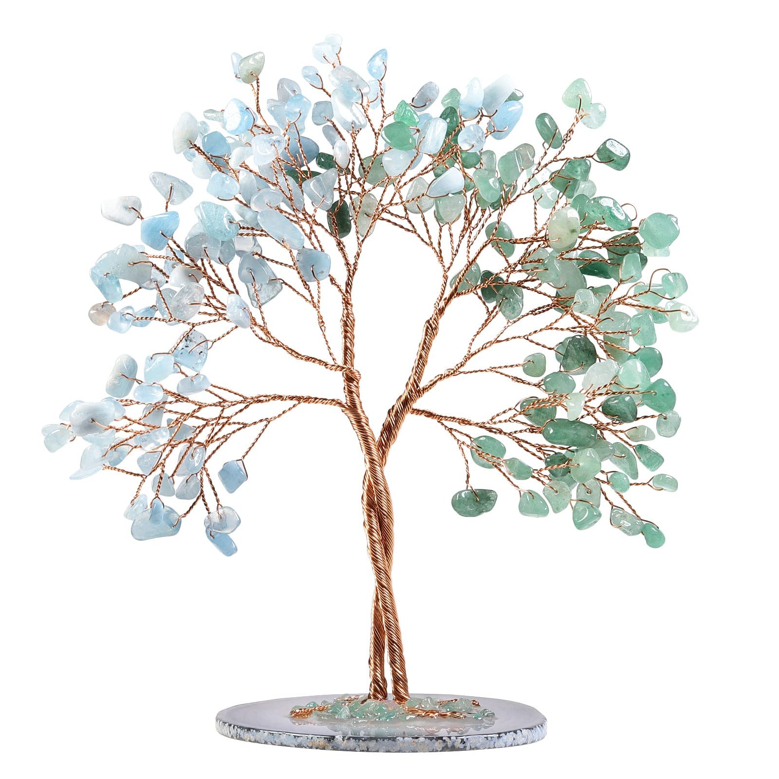 KYEYGWO Green Aventurine+Aquamarine Crystal Stone Money Tree with Agate Slice Base Handmade Feng Shui Bonsai Tree Decoration Love Stone Tree Ornament for Fortune and Wealth