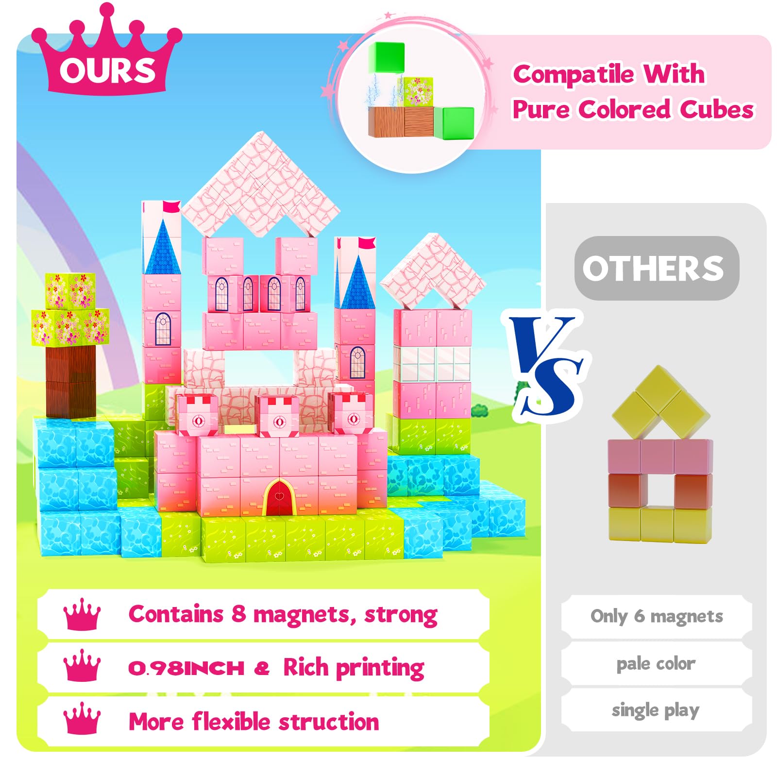 Hiwawind 64 Pcs Magnetic Blocks-Princess Castle Collection World,Magnetic Building Blocks for 3+ Year Old Boys & Girls, Creative STEM Sensory Toys,Christmas Birthday Gifts for Kids Ages 3-8