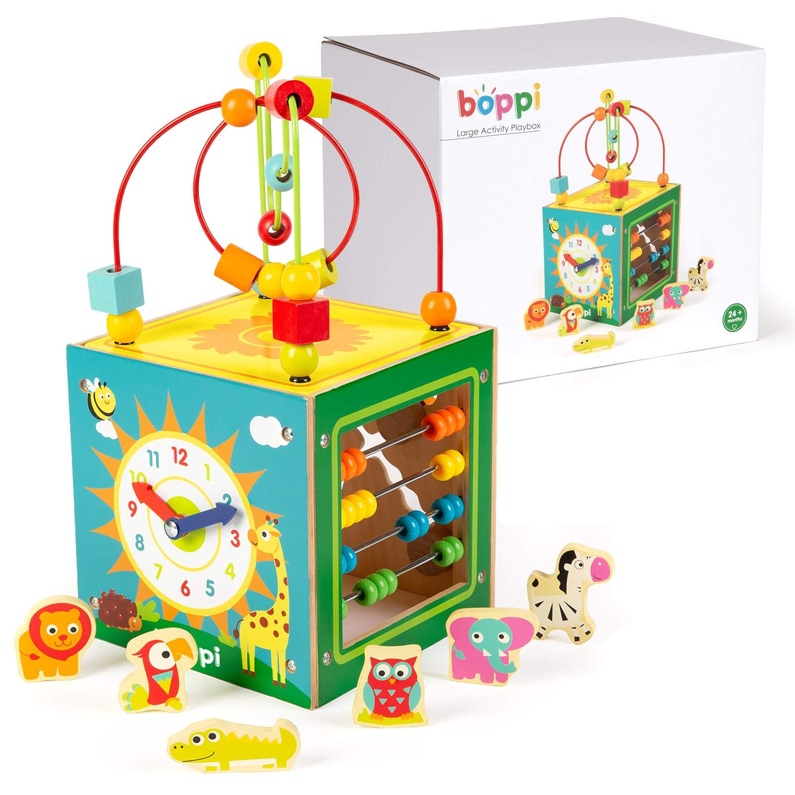 boppi 5 in 1 Large Wooden Activity Cube 2-Way Bead Maze Roller Coaster Sensory Baby Toy with Abacus Clock Animal Shape Sorter and Slider Multifunction Educational Play Box 2 Years and Up
