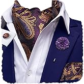 Hi-Tie Silk Ascot for Men Self Tie Men's Cravat and Flower Lapel Pin Handkerchief Cufflinks Set for Wedding Party